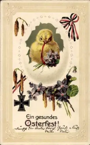 Präge Passepartout Ak Ein gesundes Osterfest, Küken, Blumen, Kreuz