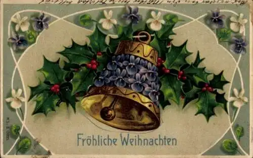 Präge Ak Glückwunsch Weihnachten, Glocke, Stechpalme, Blume
