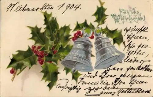 Präge Ak Frohe Weihnachten, Glocken, Stechpalme