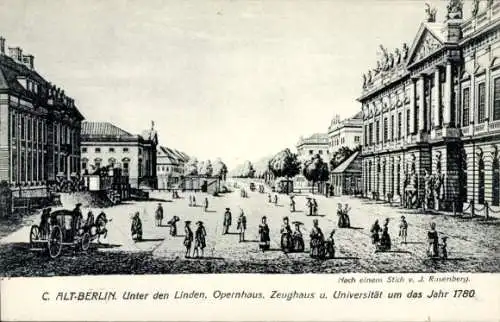 Künstler Ak Rosenberg, J., Berlin, Unter den Linden, Opernhaus, Zeughaus, Universität 1780