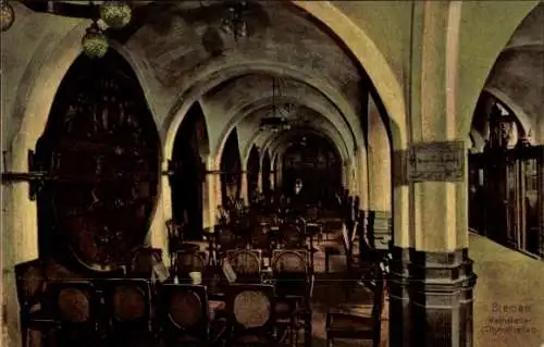 Ak Schnoor Bremen,  Rathskeller, Innenansicht mit Tischen und Stühlen