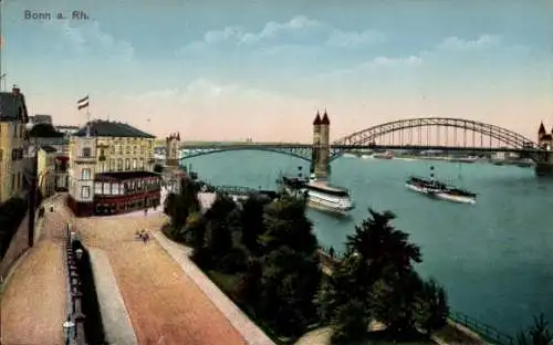 Ak Bonn am Rhein, Rheinbrücke, Stadtansicht, Schiffe auf dem Rhein, historische Gebäude