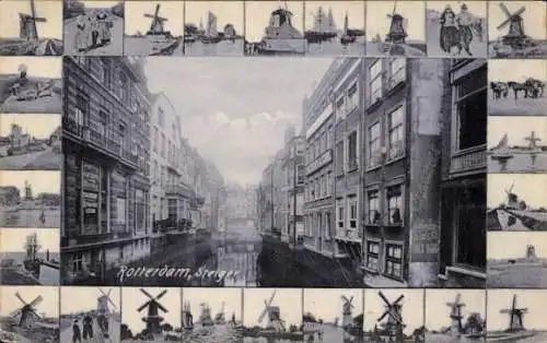 Ak Rotterdam Südholland Niederlande, Stadtansicht, Kanal, Häuser, Windmühlen, historische Szen...