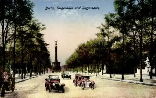Ak Berlin Tiergarten,  Siegesallee, Siegessäule, Autos, Bäume