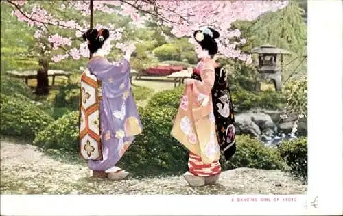 Ak Kyoto Präfektur Kyoto Japan, Tanzende Mädchen in Kimono, Kirschblüten, Japanische Kultur