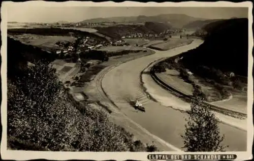 Ak Bad Schandau Sächsische Schweiz, Elbtal bei  Flusslandschaft, Schrammsteinbaude, beeindruck...