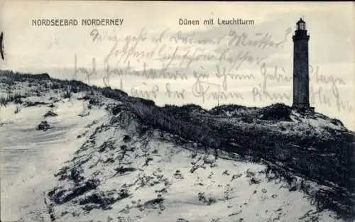 Ak Nordseebad Norderney Ostfriesland, Dünen mit Leuchtturm,  Postkarte aus 1917