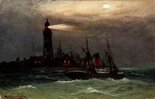 Ak Heikendorf an der Kieler Förde, Leuchtturm, Schiff, stürmisches Meer, Nachtstimmung