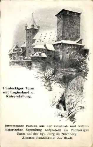 Künstler Ak Nürnberg in Mittelfranken, Burg, Fünfeckiger Turm, Luginsland, Kaiserstallung