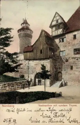 Ak Nürnberg, Bayerische Jubiläums Landesausstellung 1906, Vestnerthor mit rundem Turm, histori...