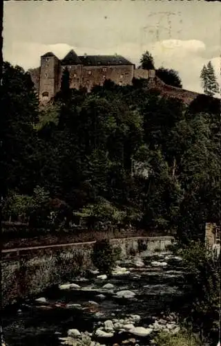 Ak Monschau Montjoie in der Eifel, Burg über der Rur, Jugendherberge, Fluss, Bäume, alte Archi...