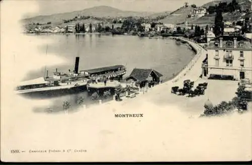 Ak Montreux Kanton Waadt Schweiz, Schiff im Hafen, See, Uferpromenade, Gebäude, Berge