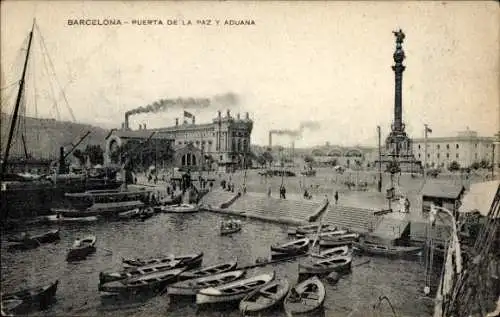 Ak Barcelona Katalonien Spanien, Plaza de Cataluña, Plaça de Catalunya, Hafenansicht, Monument...