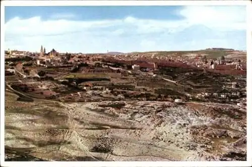 Ak Jerusalem Israel, Panoramablick, Stadtansicht, Hügel, Gebäude, historische Stätten