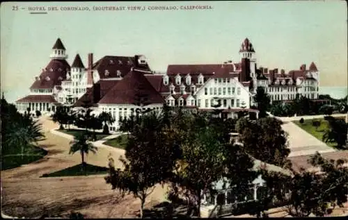 Ak Coronado Kalifornien USA, Hotel del Coronado, Südostansicht, farbenfrohes Gebäude