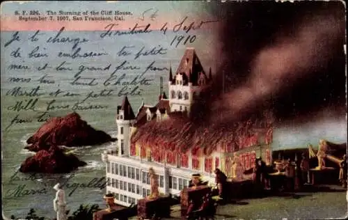 Ak San Francisco Kalifornien USA, Brand des Cliff House,  September 1907, Gebäude im Flammen