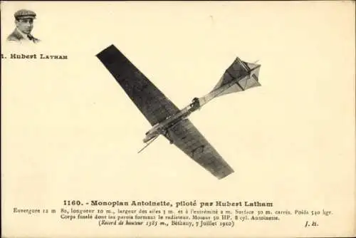 Ak Monoplan Antoinette, piloté par Hubert Latham, Flugpioniere