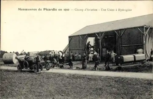 CPA Manoeuvres de Picardie en 1910, Champ d'Aviation, Usine a Hydrogene