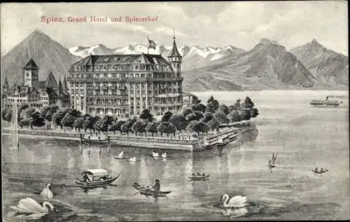 Ak Spiez am Thuner See Kanton Bern, Grand Hotel und Spiezerhof, Berge, See, Boote, Schwäne