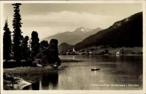 Ak Techendorf Weißensee in Kärnten, Technische Anlage am Wasser, Berge im Hintergrund, maleris...
