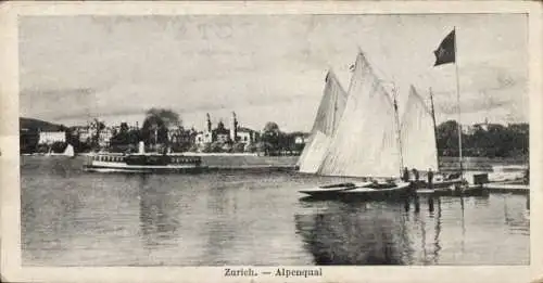 Ak Zürich Stadt Schweiz,  Alpenquai, Segelboot, Dampfer, alte Architektur