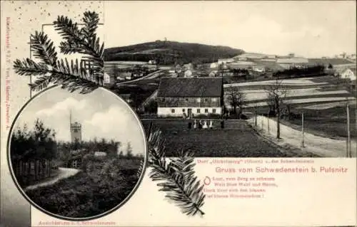 Ak Schwedenstein bei Pulsnitz, Gruss vom Schwedenstein, Aussichtspunkt, Wald und Berg, blauem Him