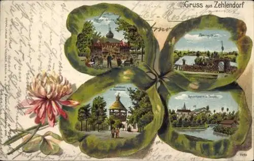 Kleeblatt Litho Berlin Zehlendorf, Sportpark, Teich, Pekingtor, Felsengrotte