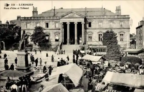 Ak Limoges Haute Vienne, Platz mit Tribunal, Marktstände, Menschenmenge, Statue