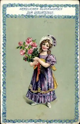 Ak Mädchen mit Blumenstrauß, Geburtstag 