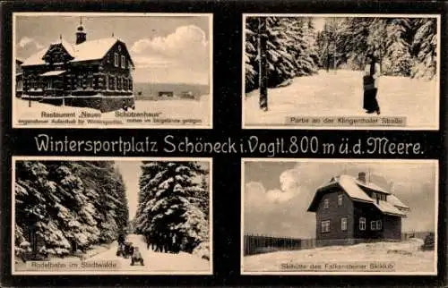 Ak Schöneck im Vogtland, Restaurant Neues Schützenhaus, Rodelbahn im Stadtwald, Skihütte