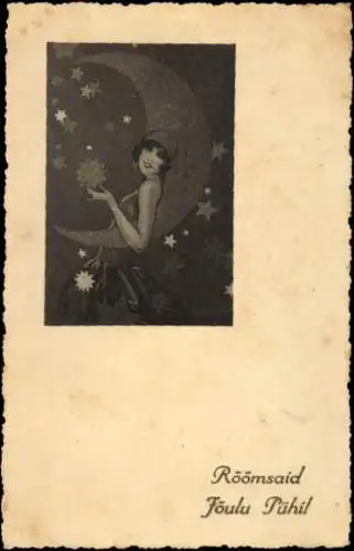 Ak Frohe Weihnachten, junge Frau, Mondsichel