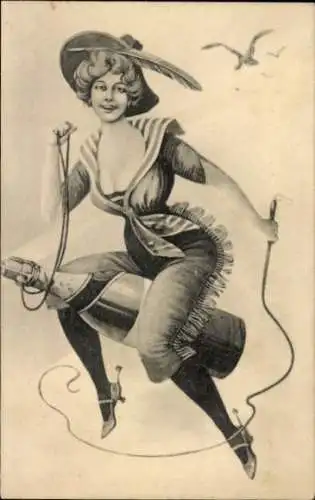 Ak Junge Frau, Champagner Flasche