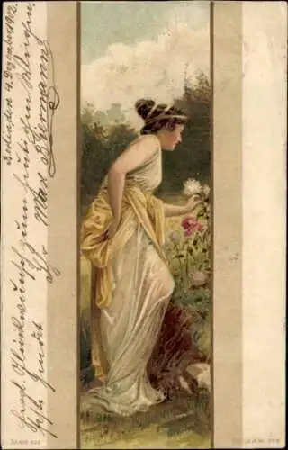 Jugendstil Litho Frauenportrait, Junge Frau pflückt Blumen
