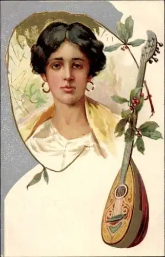 Litho Frauenportrait, Laute