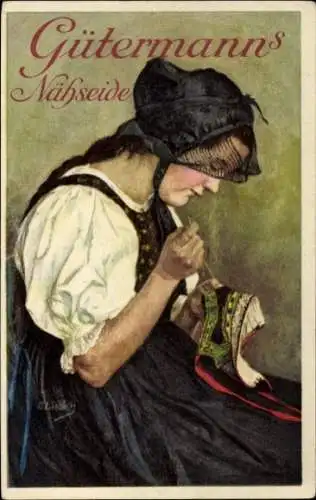 Künstler Ak Liebich, C., Frau in Tracht beim Nähen, Reklame, Gütermann's Nähseide