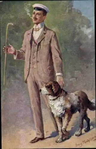 Studentika Künstler Ak Mühlberg, Georg, Ein flotter Bursche, rauchender Student, Hund