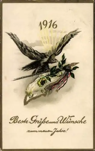 Präge Ak Glückwunsch Neujahr 1916, Adler, Fahne