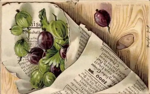 Präge Litho Stachelbeeren in einer Zeitungstüte