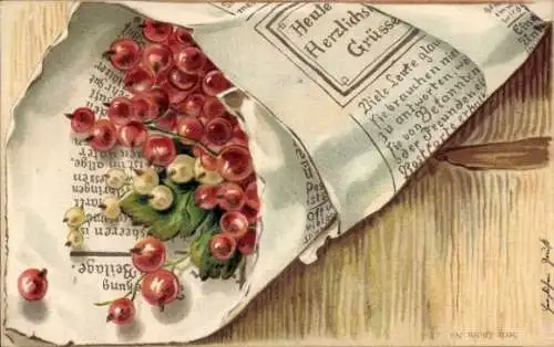 Präge Ak Glückwunsch, Johannisbeeren in einer Tüte aus Zeitungspapier