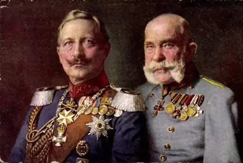 Künstler Ak Kaiser Wilhelm II., Kaiser Franz Joseph I., Portrait, Orden, Uniform