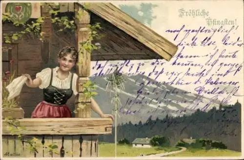 Künstler Ak Mailick, Frohe Pfingsten, Frau in Tracht auf einem Balkon