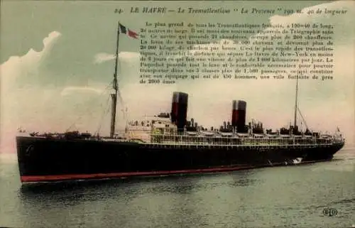 Ak Dampfschiff La Provence, CGT, im Hafen von Le Havre