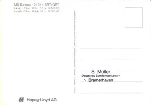 Ak Schiff MS Europa, Hapag Lloyd AG