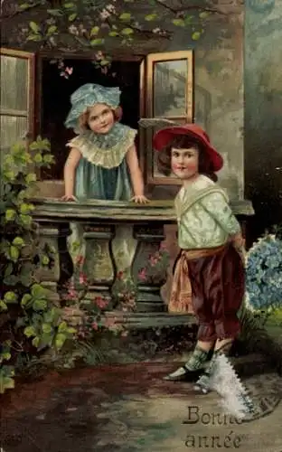 Foto Ak Glückwunsch Neujahr, Kinder, Balkon, Blumenstrauß