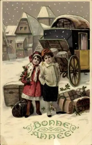 Ak Glückwunsch Neujahr, Postkutsche, Kinder