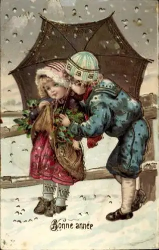 Ak Glückwunsch Neujahr, Kinder, Schirm, Schnee
