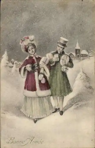 Ak Glückwunsch Neujahr, Liebespaar, Geschenke