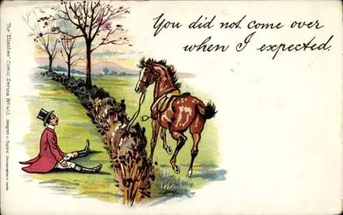 Ak Mann sitzt neben Pferd auf einer Wiese, Sattel, Zaumzeug