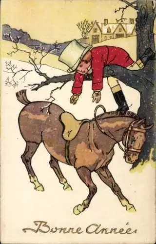 Ak Glückwunsch Neujahr, Pferd, Junge am Baum, Ast
