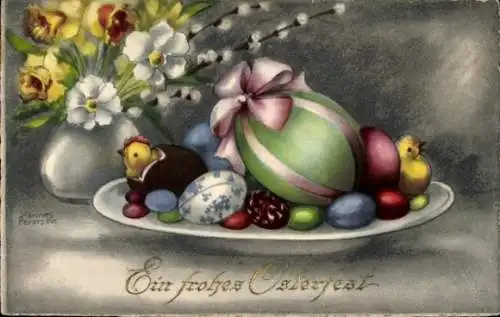 Künstler Ak Petersen, H., Glückwunsch Ostern, Ostereier, Küken, Weidenkätzchen